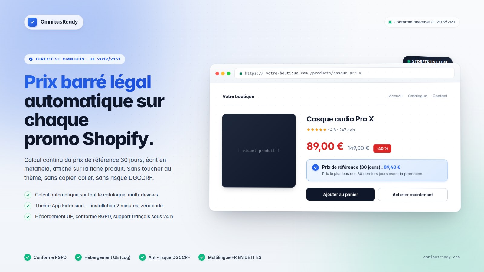Preview of a Shopify product page with the OmnibusReady badge: Omnibus-compliant strike-through price, reference price of the last 30 days shown next to the sale price, GDPR and EU hosting trust strip.