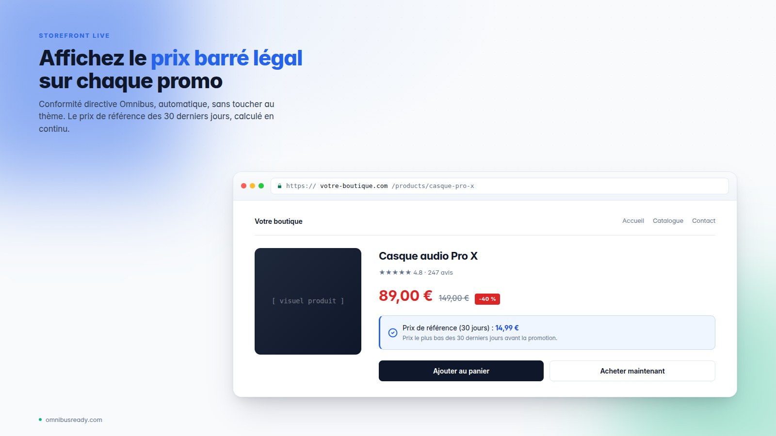 Shopify storefront preview with the OmnibusReady block installed: the badge showing the compliant strike-through price appears under the price, stating the lowest price of the last 30 days.